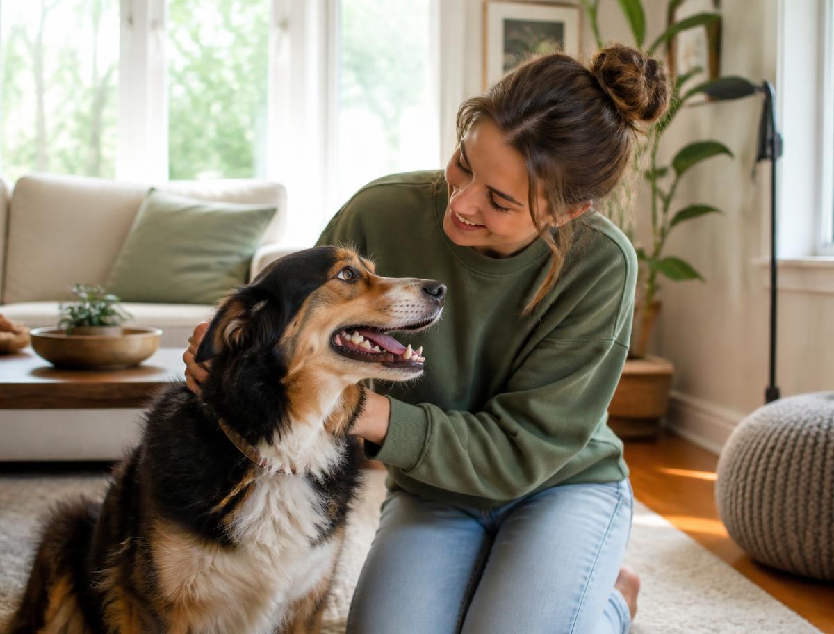 A pet sitter greeting a happy dog in a bright living room